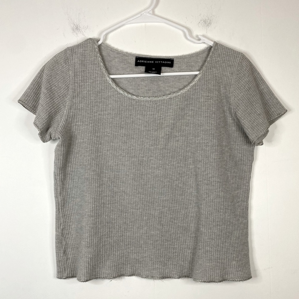 4/25$ ADRIENNE VITTADINI Grey Waffle Knit Thermal Short Sleeve Cropped Tee